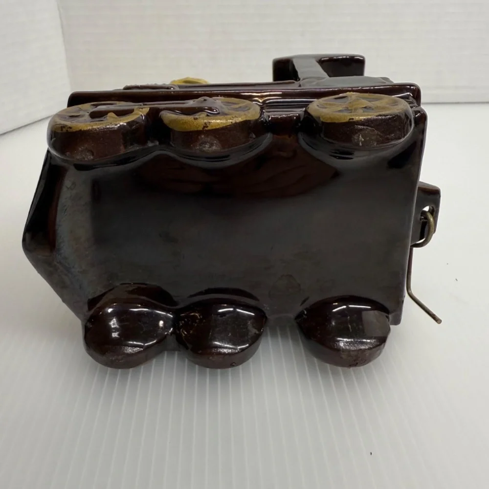Vintage Ceramic Brown Train Engine Whiskey Decanter W/ Tank Car & 6 Shot Glasses